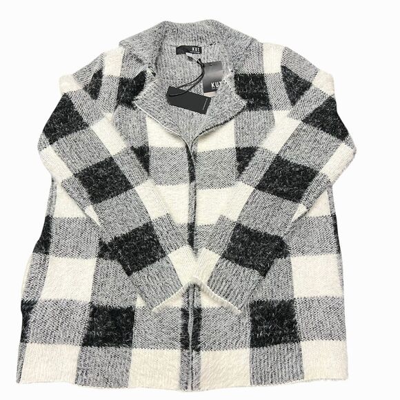 NWT Kut From The Kloth L/S Open Cardigan Soft Fuzzy Check Pockets XS Black White - Picture 2 of 16